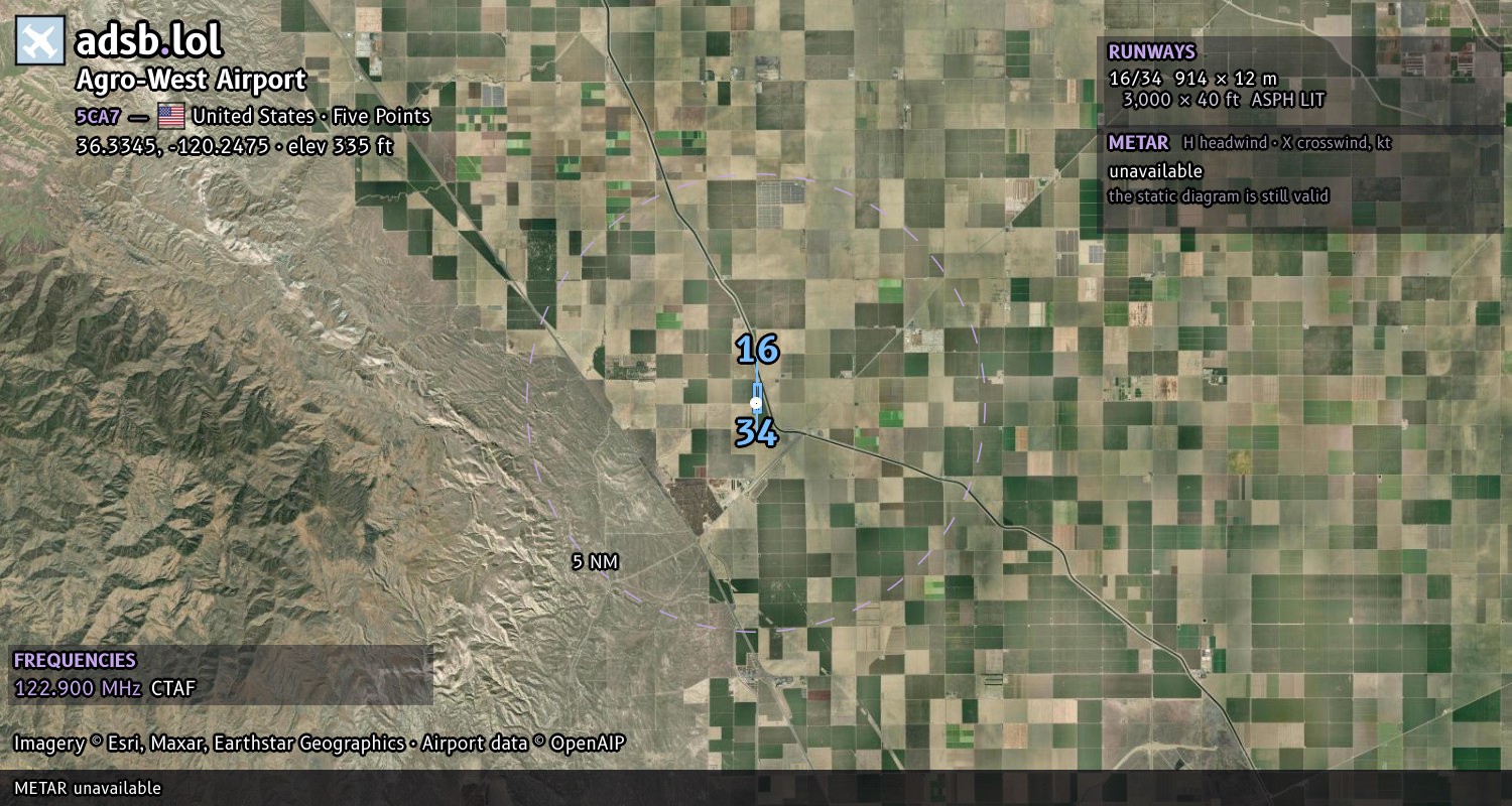 Satellite map with the runway layout of Agro-West Airport (5CA7)