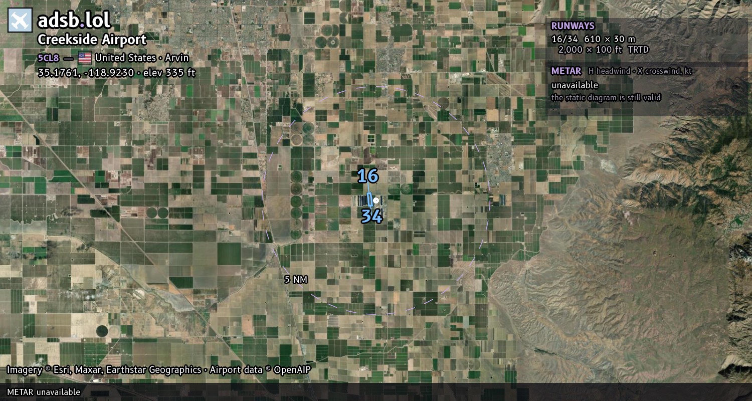 Satellite map with the runway layout of Creekside Airport (5CL8)