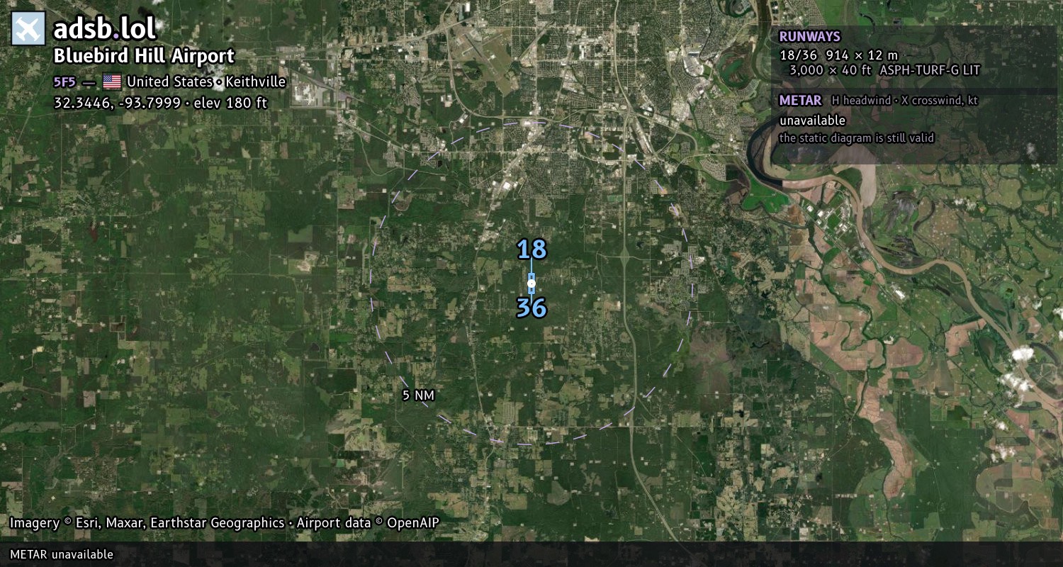 Satellite map with the runway layout of Bluebird Hill Airport (5F5)