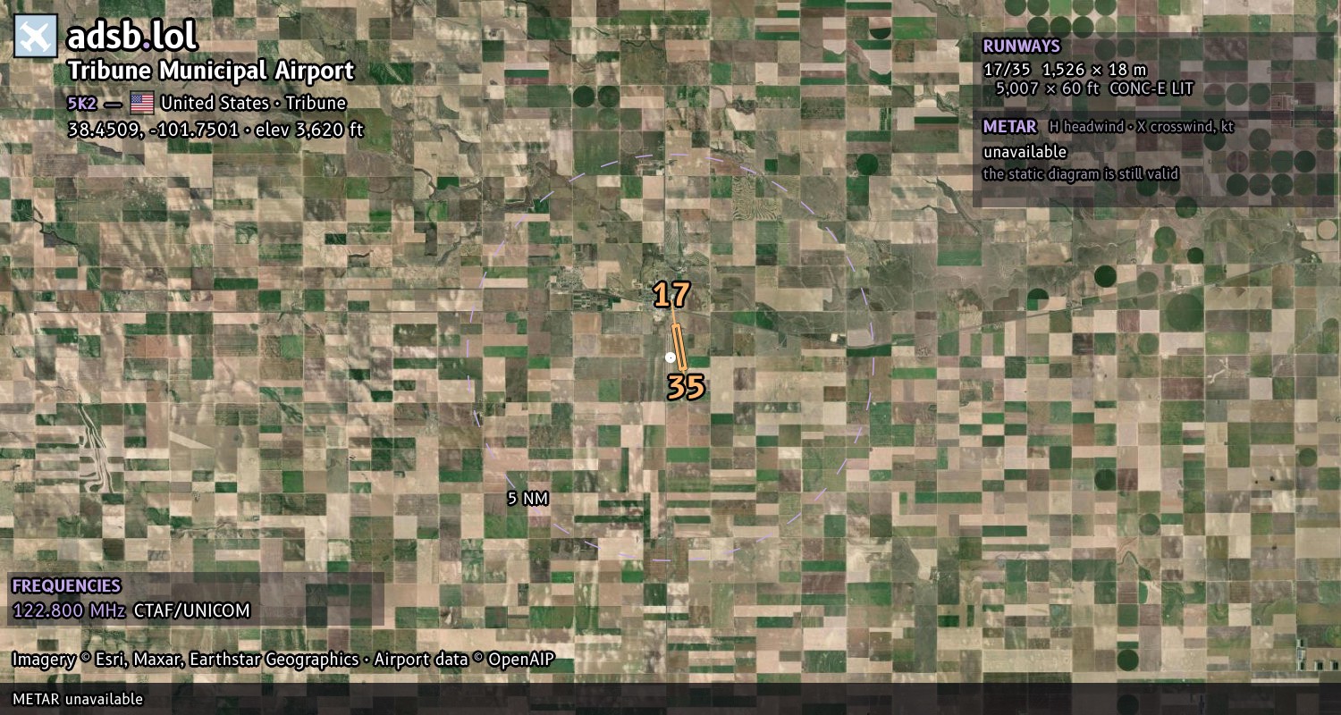Satellite map with the runway layout of Tribune Municipal Airport (5K2)