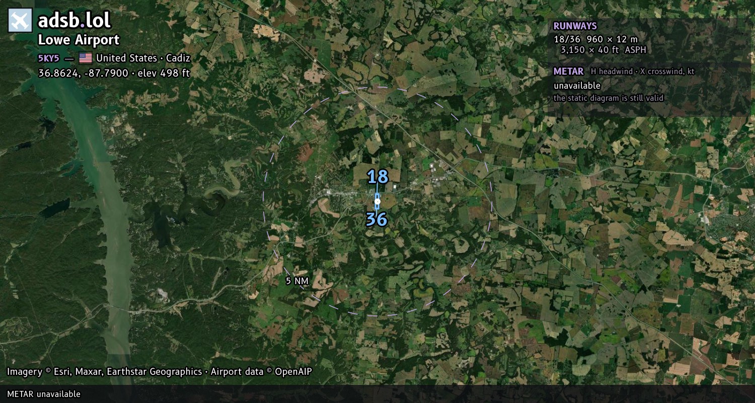 Satellite map with the runway layout of Lowe Airport (5KY5)