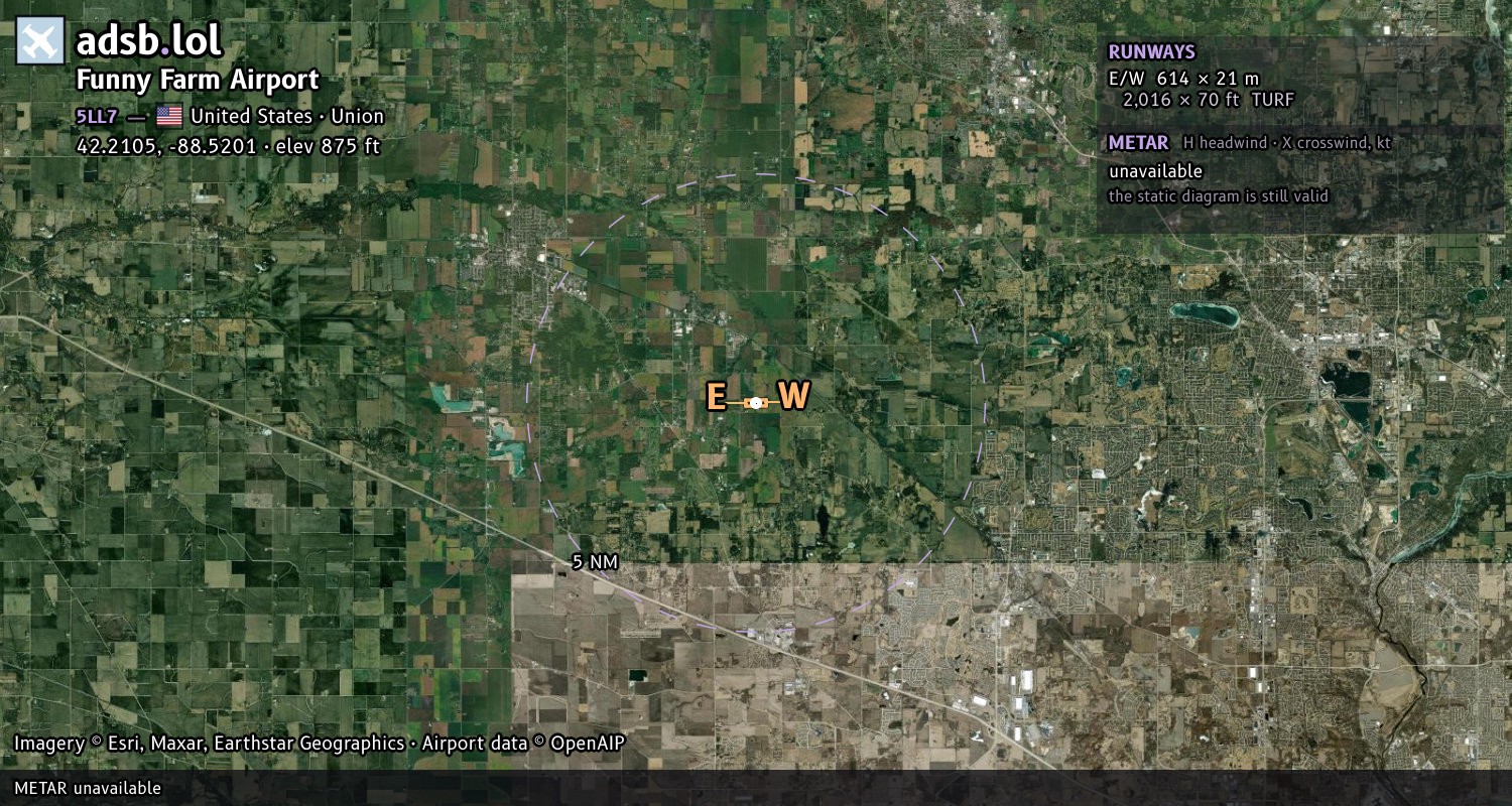 Satellite map with the runway layout of Funny Farm Airport (5LL7)