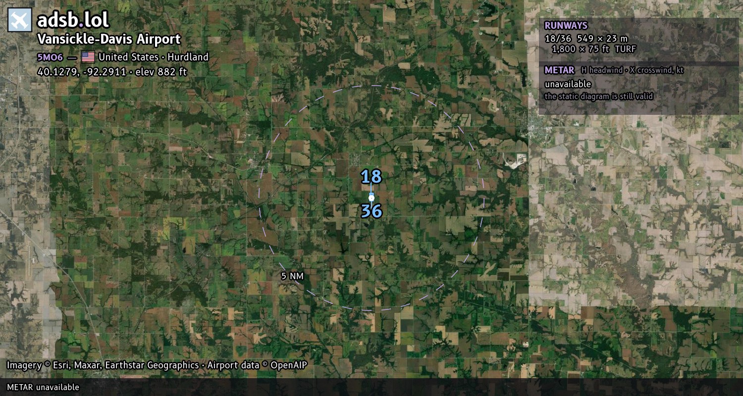 Satellite map with the runway layout of Vansickle-Davis Airport (5MO6)