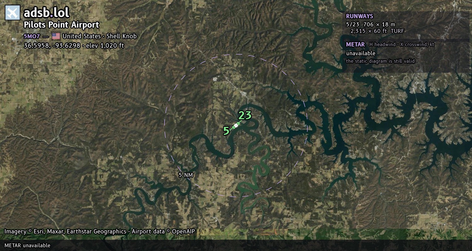 Satellite map with the runway layout of Pilots Point Airport (5MO7)
