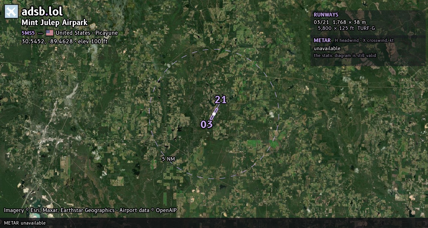 Satellite map with the runway layout of Mint Julep Airpark (5MS5)