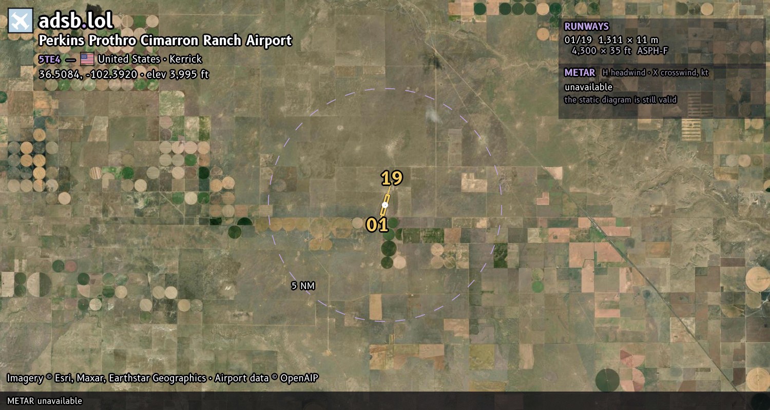 Satellite map with the runway layout of Perkins Prothro Cimarron Ranch Airport (5TE4)