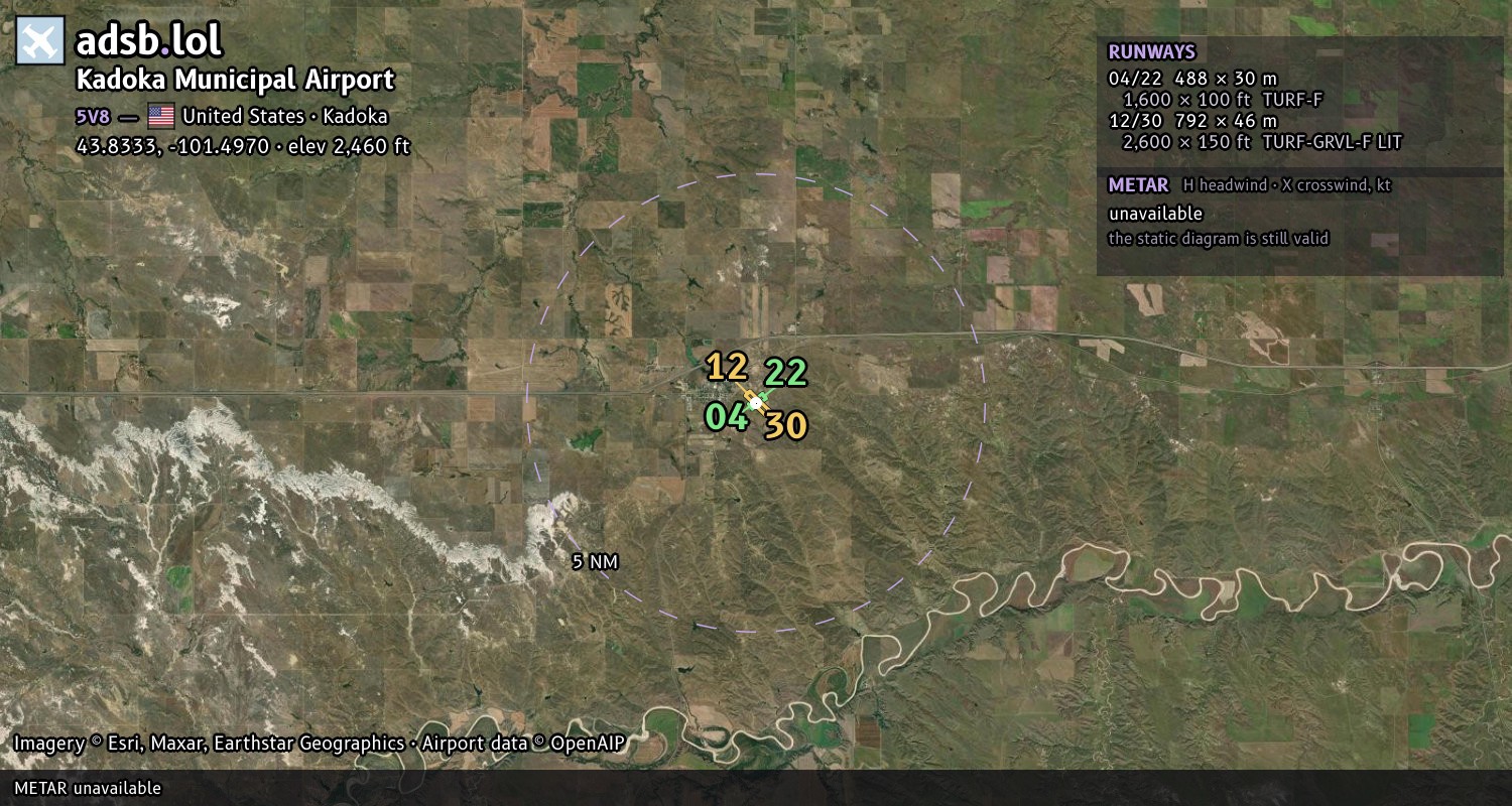 Satellite map with the runway layout of Kadoka Municipal Airport (5V8)