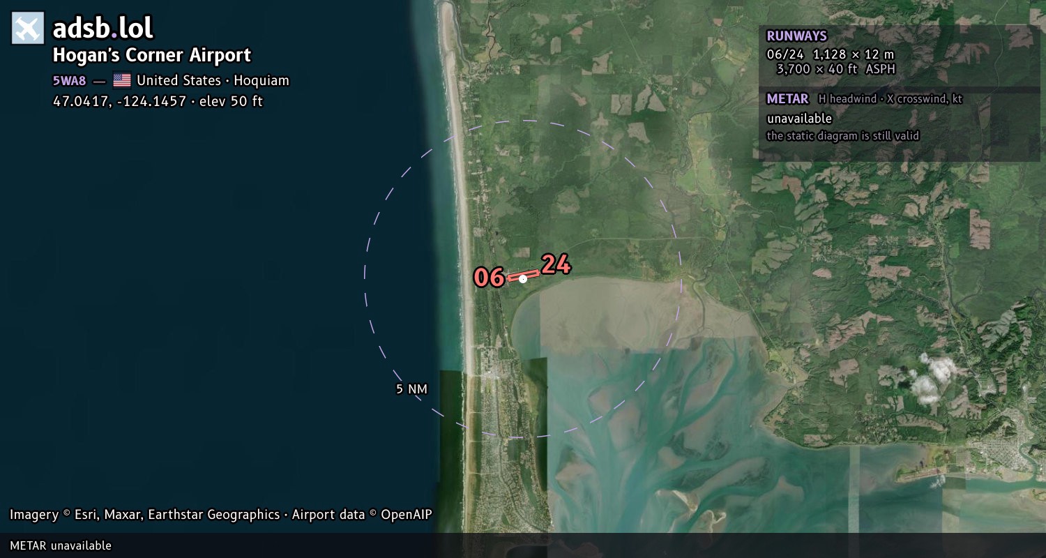 Satellite map with the runway layout of Hogan's Corner Airport (5WA8)