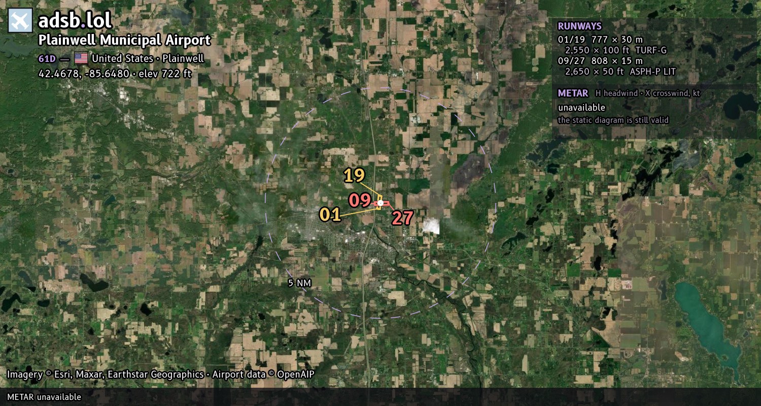 Satellite map with the runway layout of Plainwell Municipal Airport (61D)