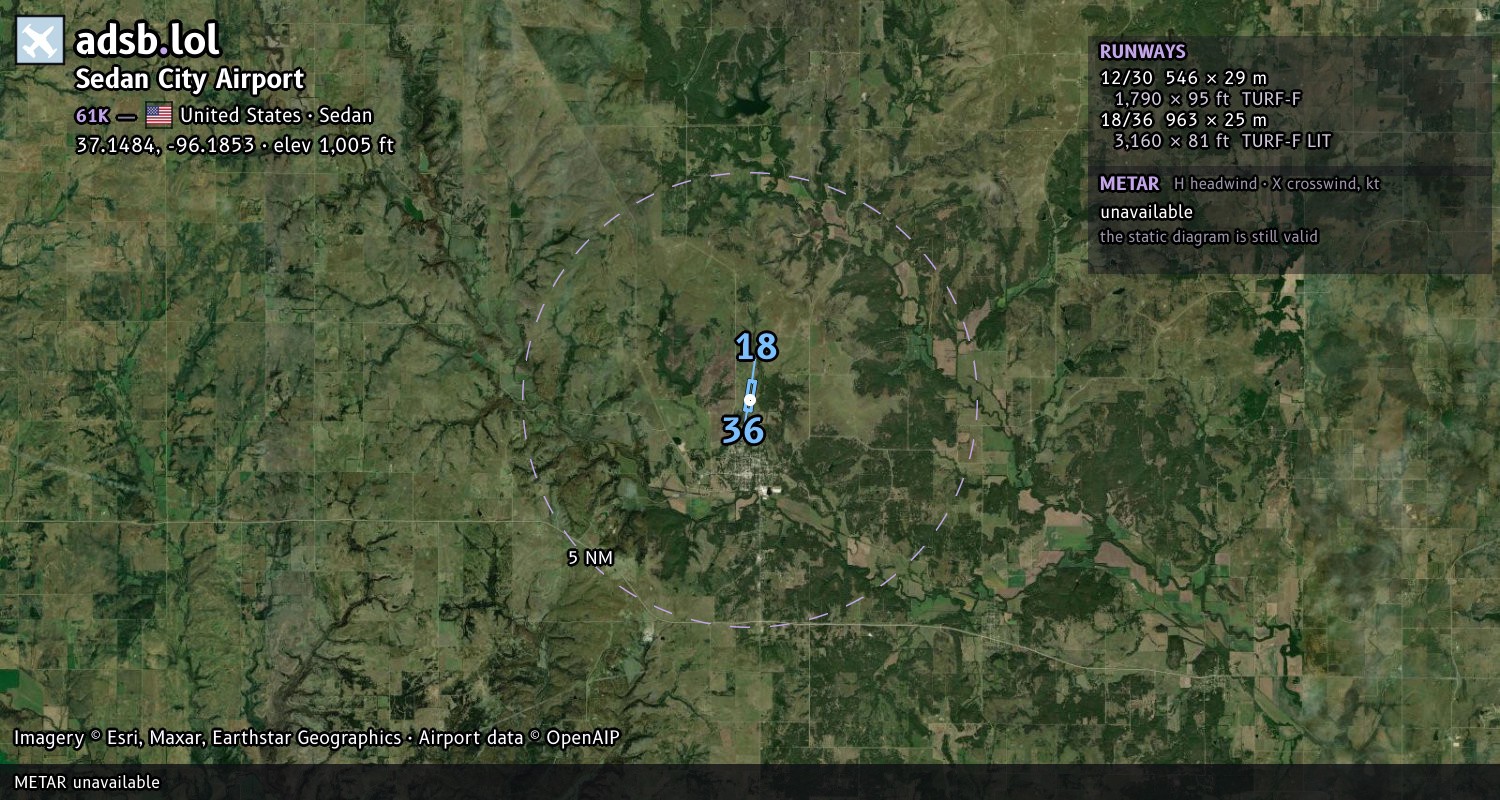 Satellite map with the runway layout of Sedan City Airport (61K)