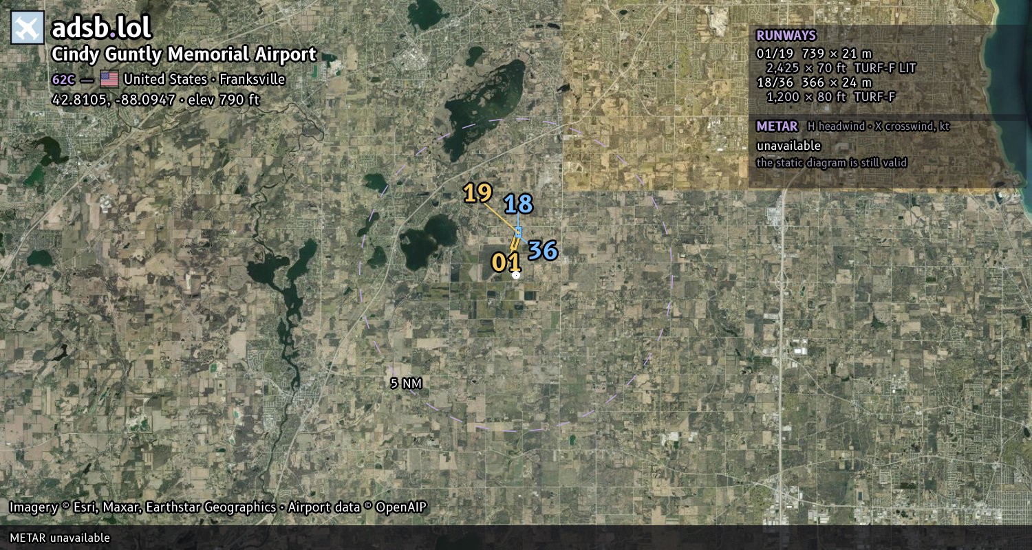 Satellite map with the runway layout of Cindy Guntly Memorial Airport (62C)