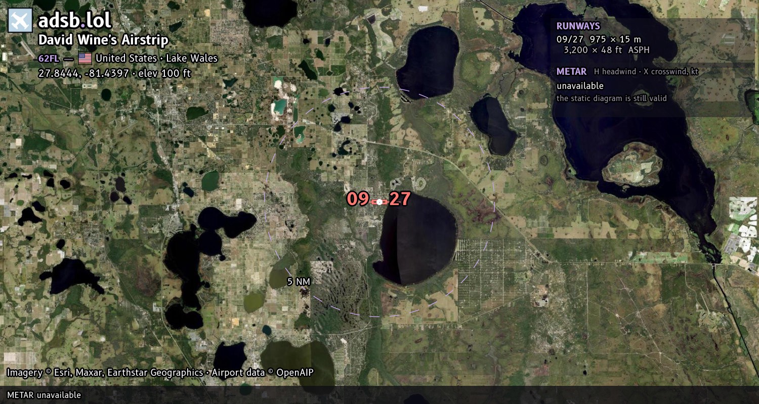 Satellite map with the runway layout of David Wine's Airstrip (62FL)