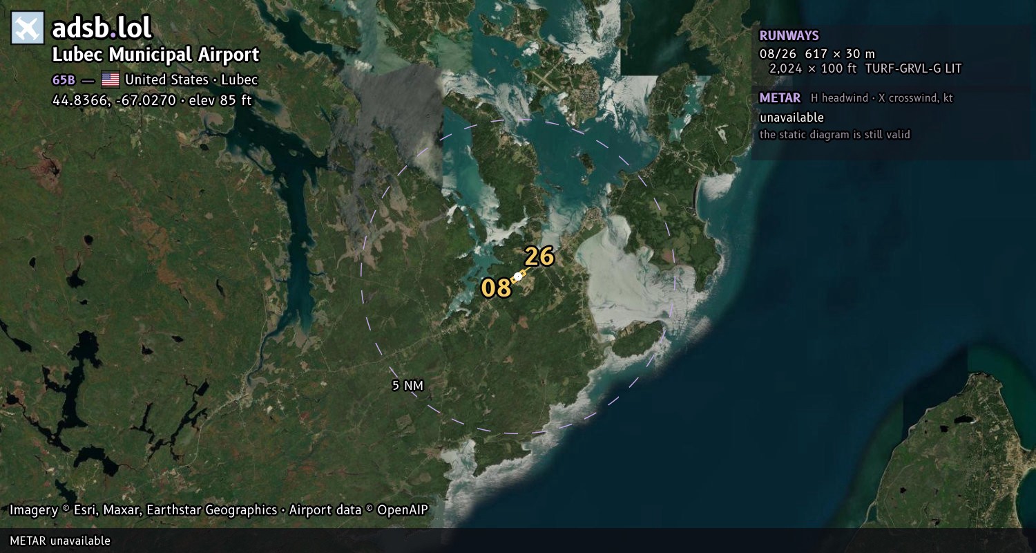 Satellite map with the runway layout of Lubec Municipal Airport (65B)