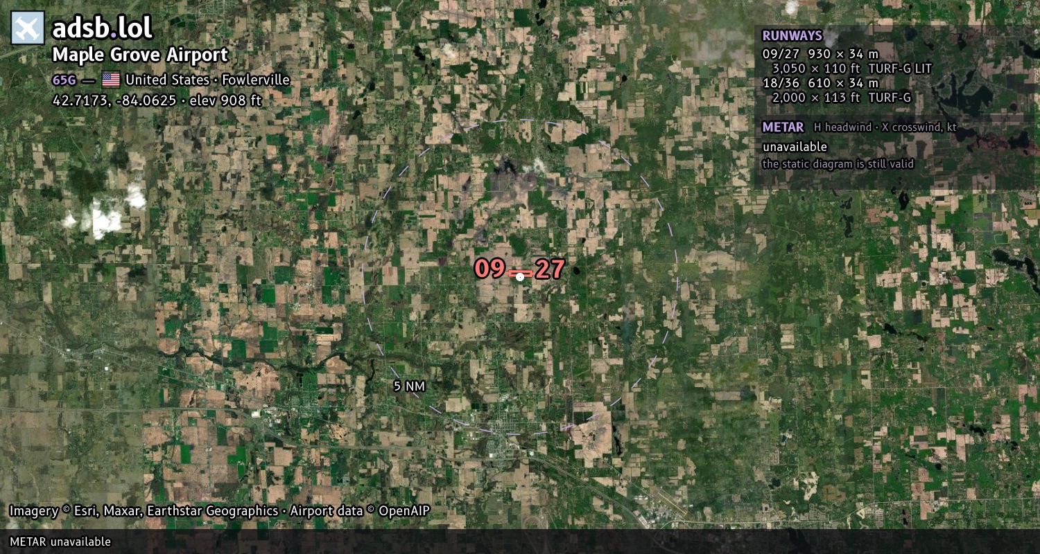Satellite map with the runway layout of Maple Grove Airport (65G)