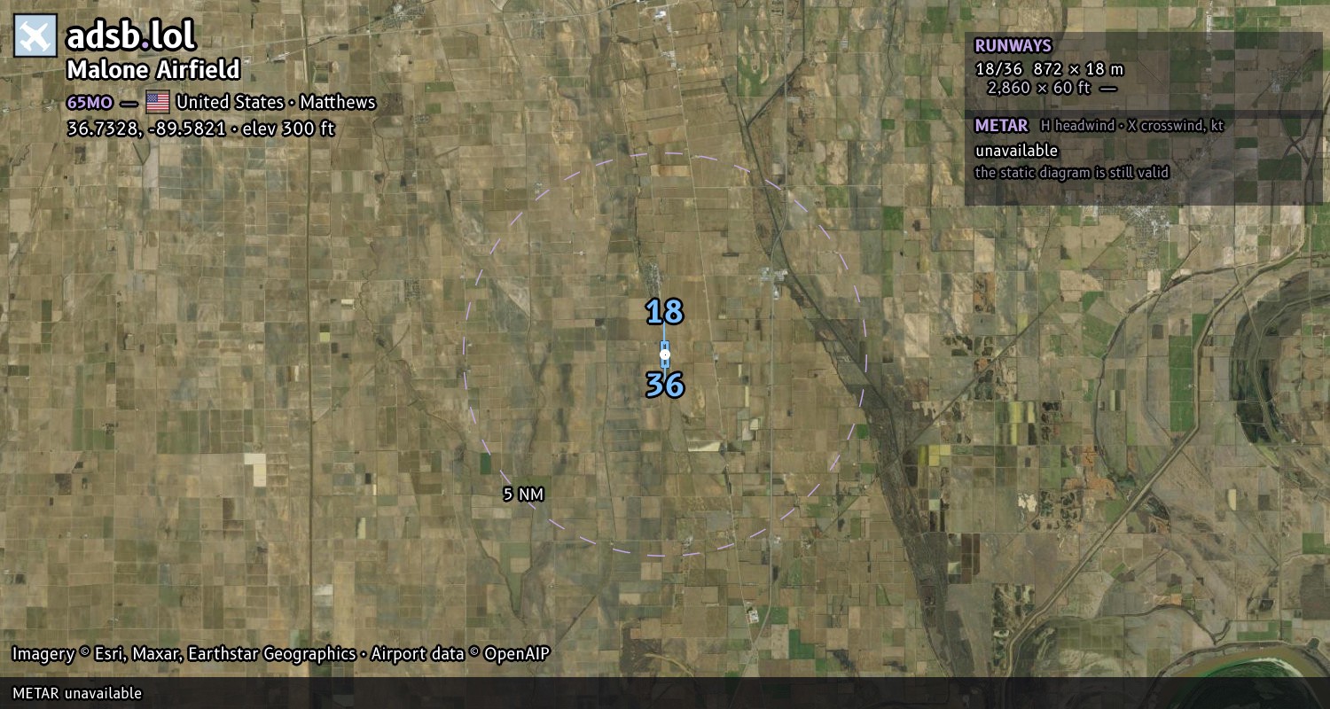 Satellite map with the runway layout of Malone Airfield (65MO)
