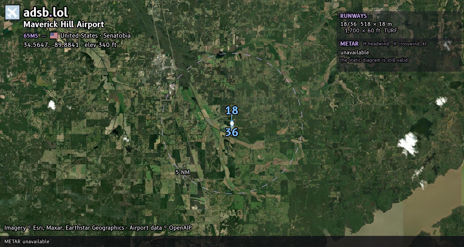 Satellite map with the runway layout of Maverick Hill Airport (65MS)