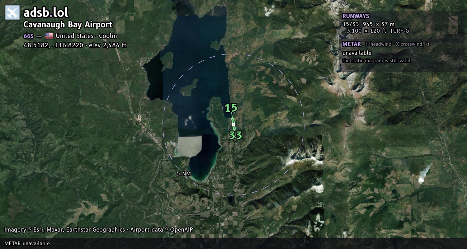 Satellite map with the runway layout of Cavanaugh Bay Airport (66S)