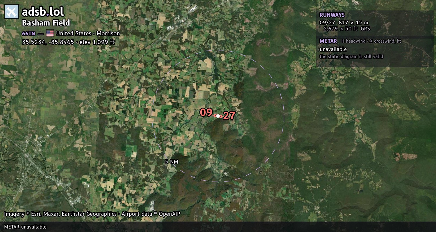 Satellite map with the runway layout of Basham Field (66TN)