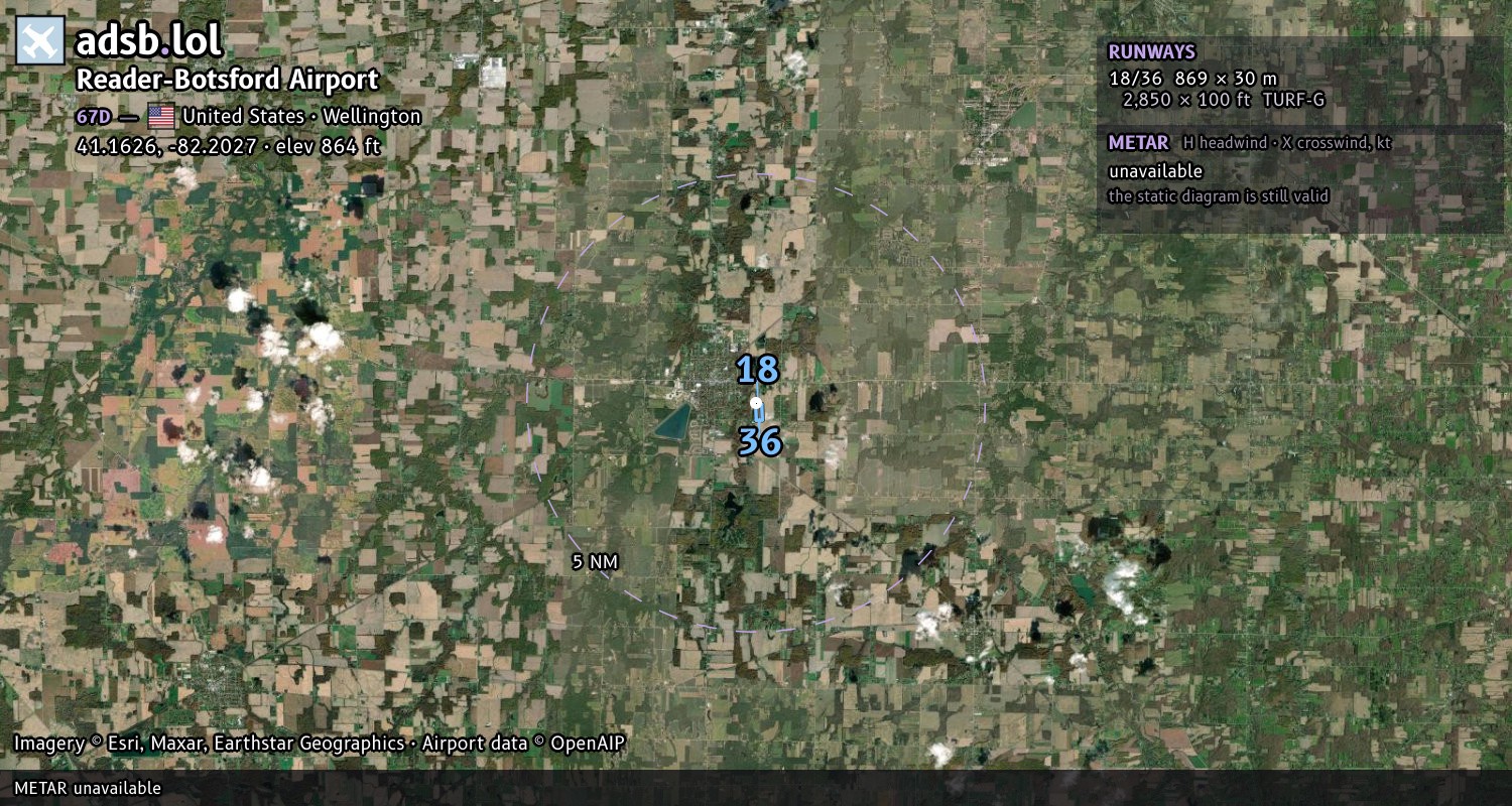 Satellite map with the runway layout of Reader-Botsford Airport (67D)