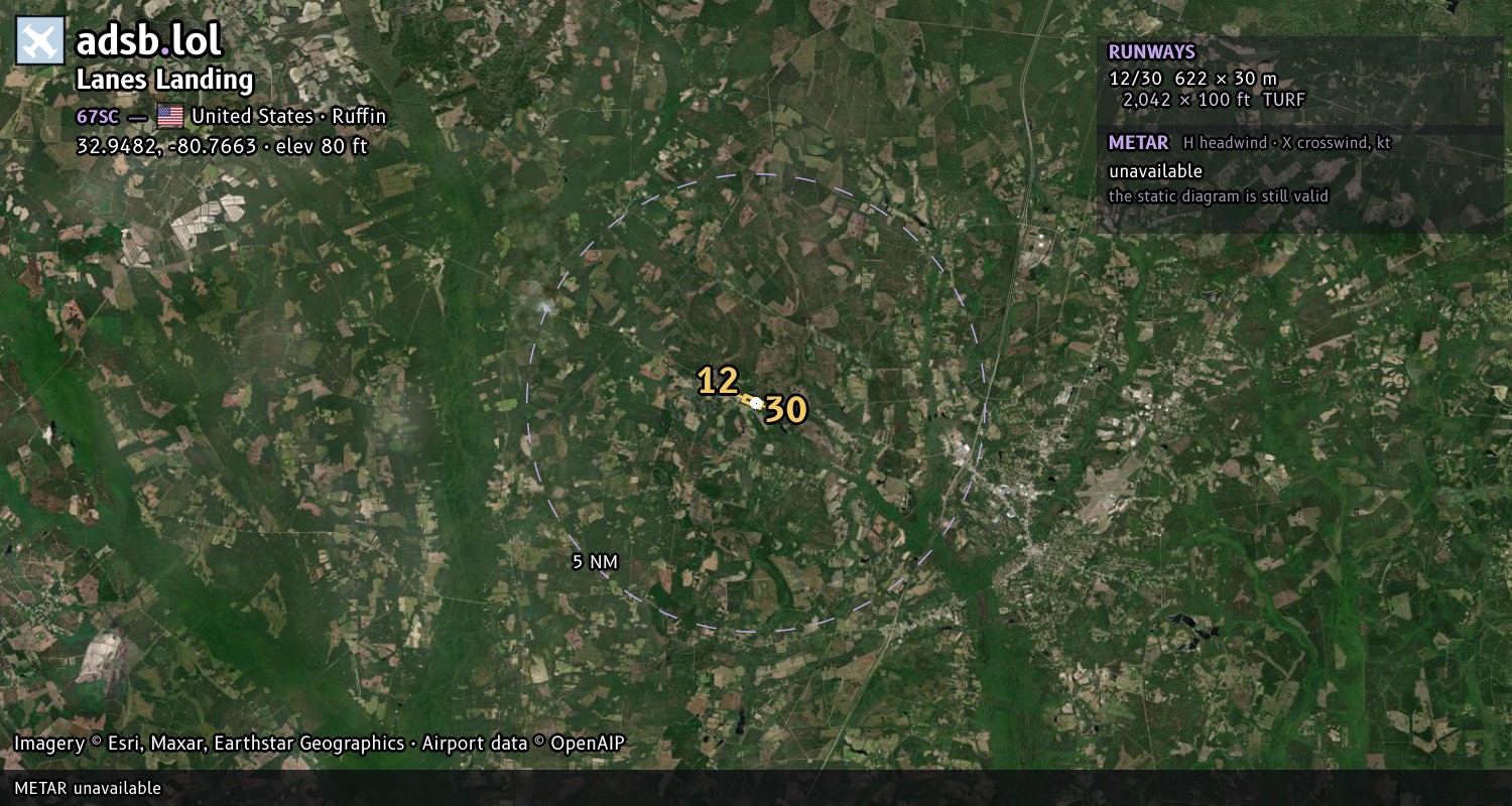 Satellite map with the runway layout of Lanes Landing (67SC)