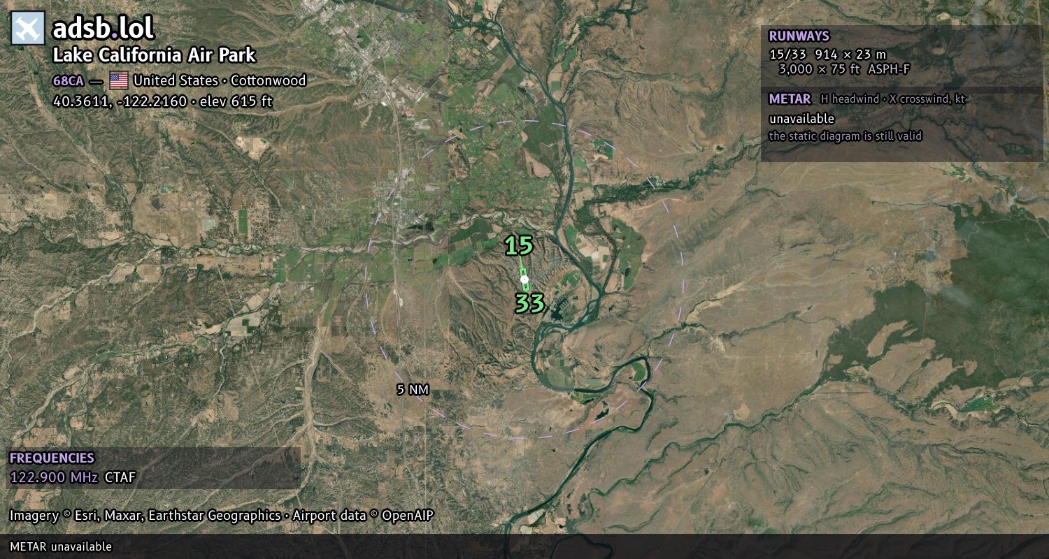 Satellite map with the runway layout of Lake California Air Park (68CA)