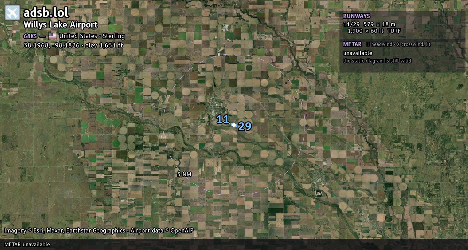 Satellite map with the runway layout of Willys Lake Airport (68KS)