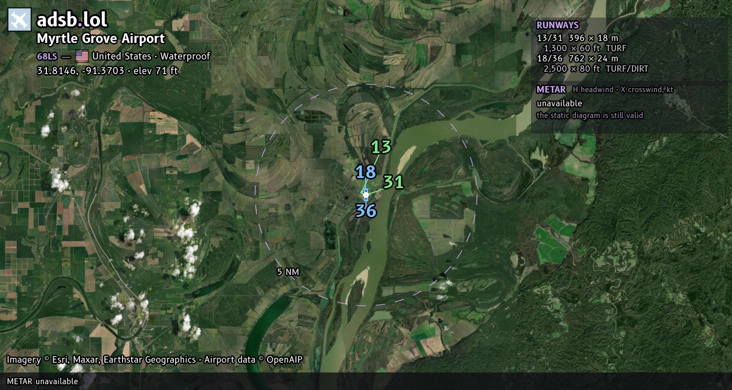 Satellite map with the runway layout of Myrtle Grove Airport (68LS)