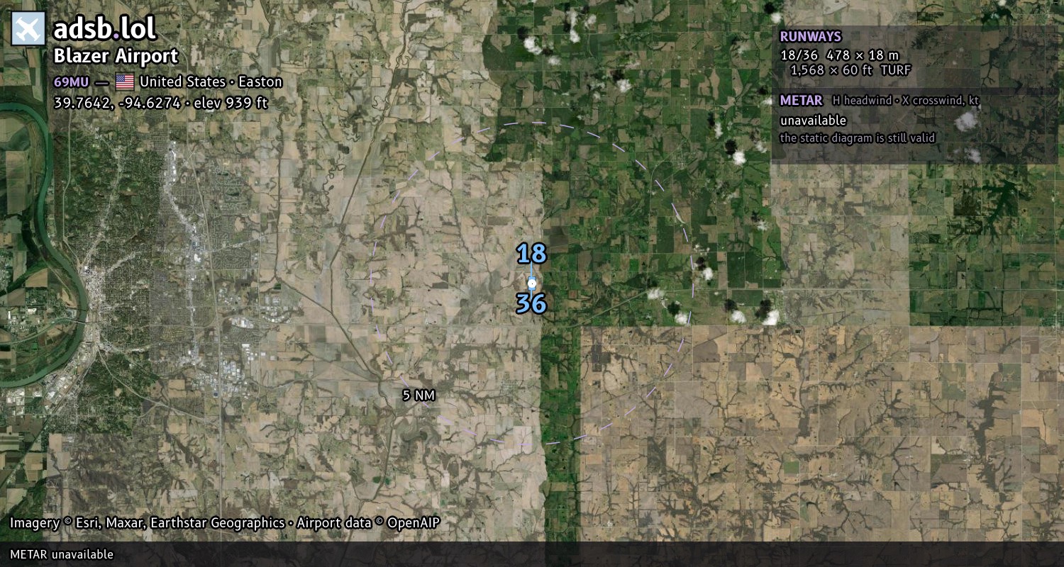 Satellite map with the runway layout of Blazer Airport (69MU)