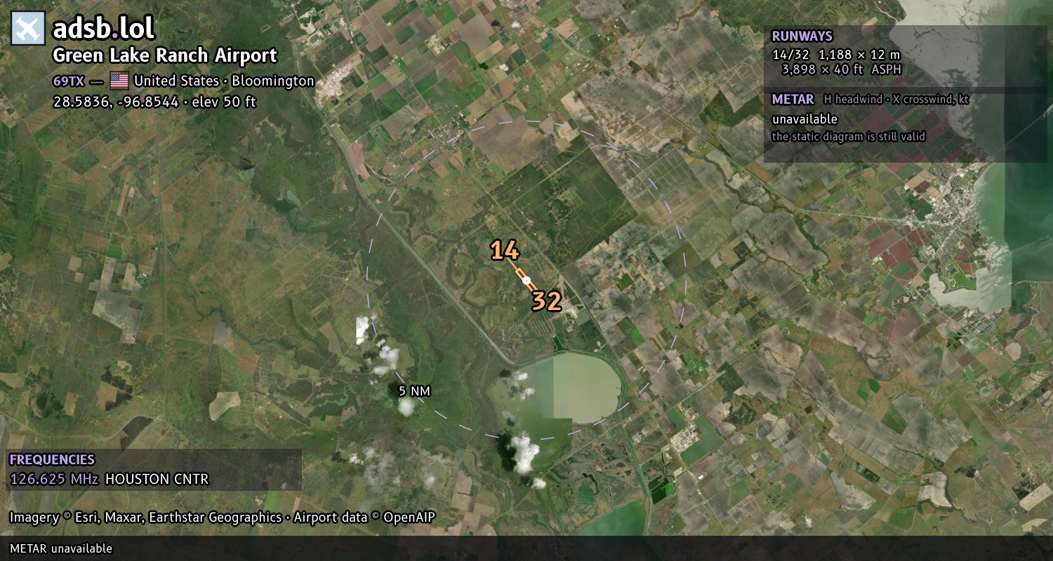 Satellite map with the runway layout of Green Lake Ranch Airport (69TX)