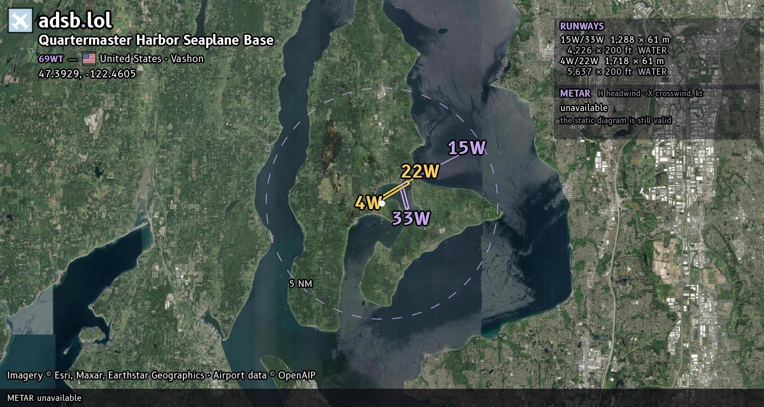 Satellite map with the runway layout of Quartermaster Harbor Seaplane Base (69WT)