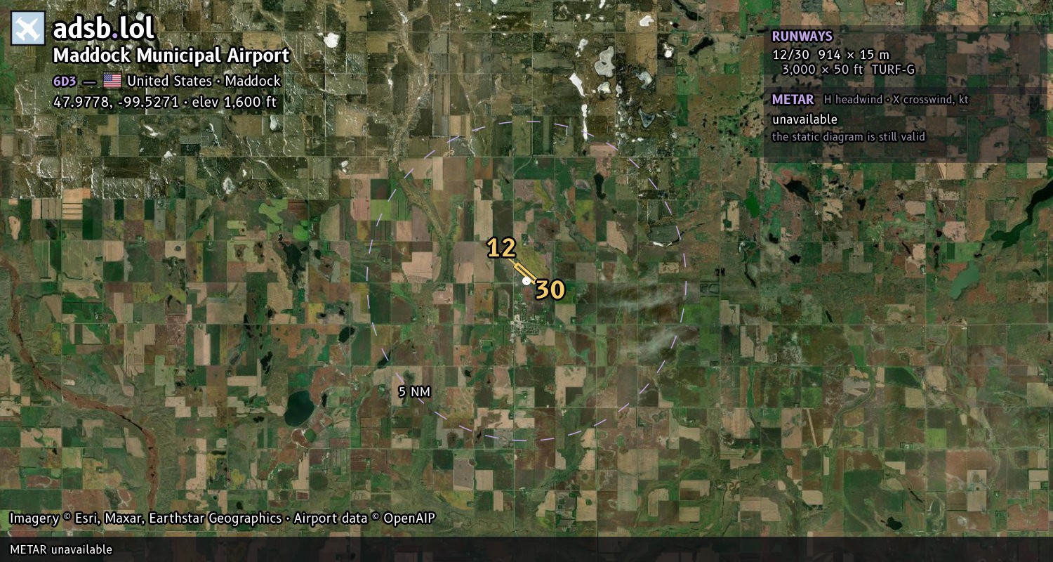 Satellite map with the runway layout of Maddock Municipal Airport (6D3)