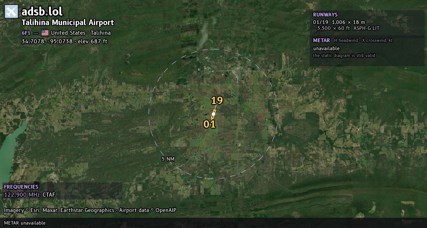 Satellite map with the runway layout of Talihina Municipal Airport (6F1)