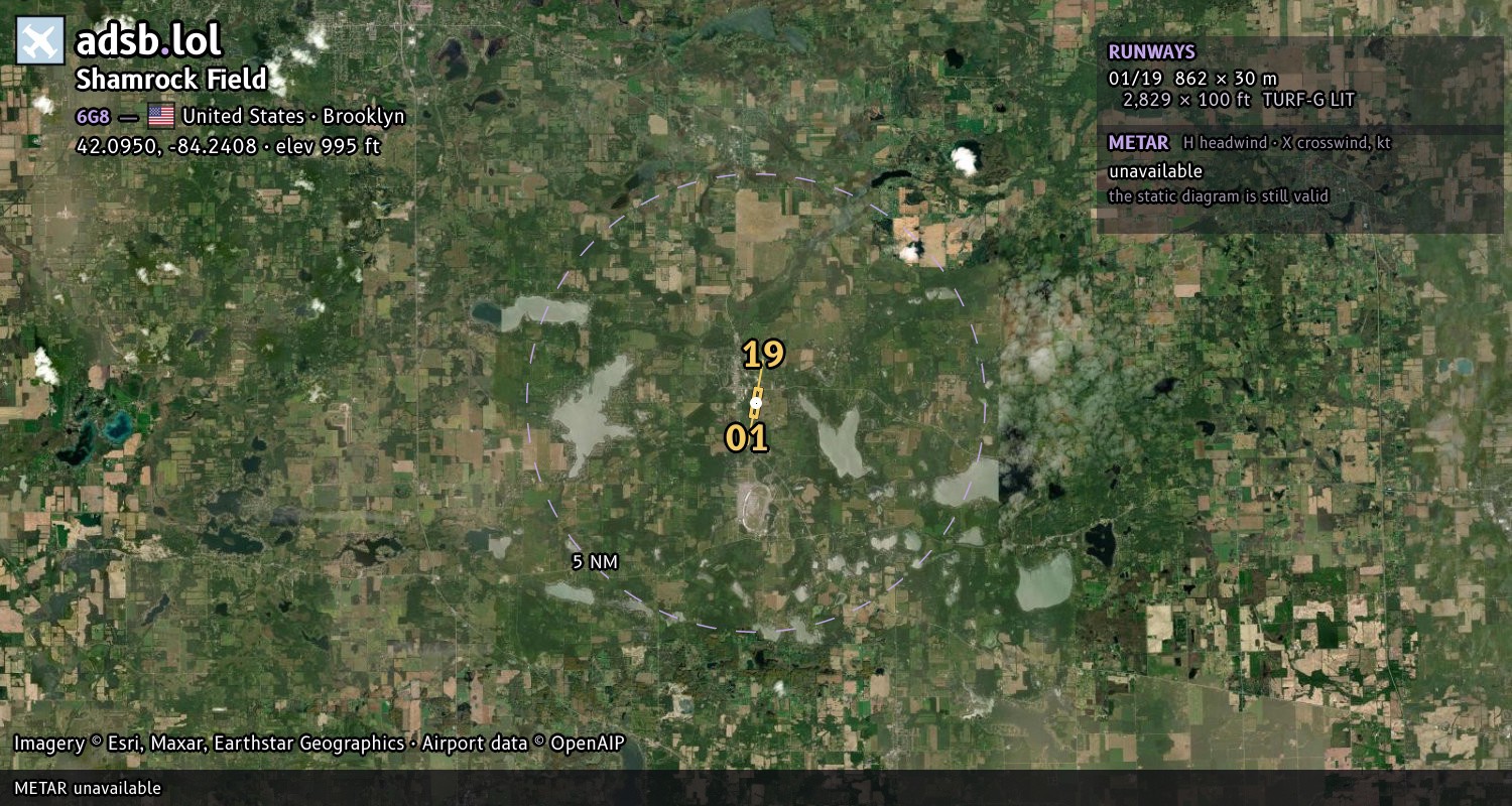 Satellite map with the runway layout of Shamrock Field (6G8)