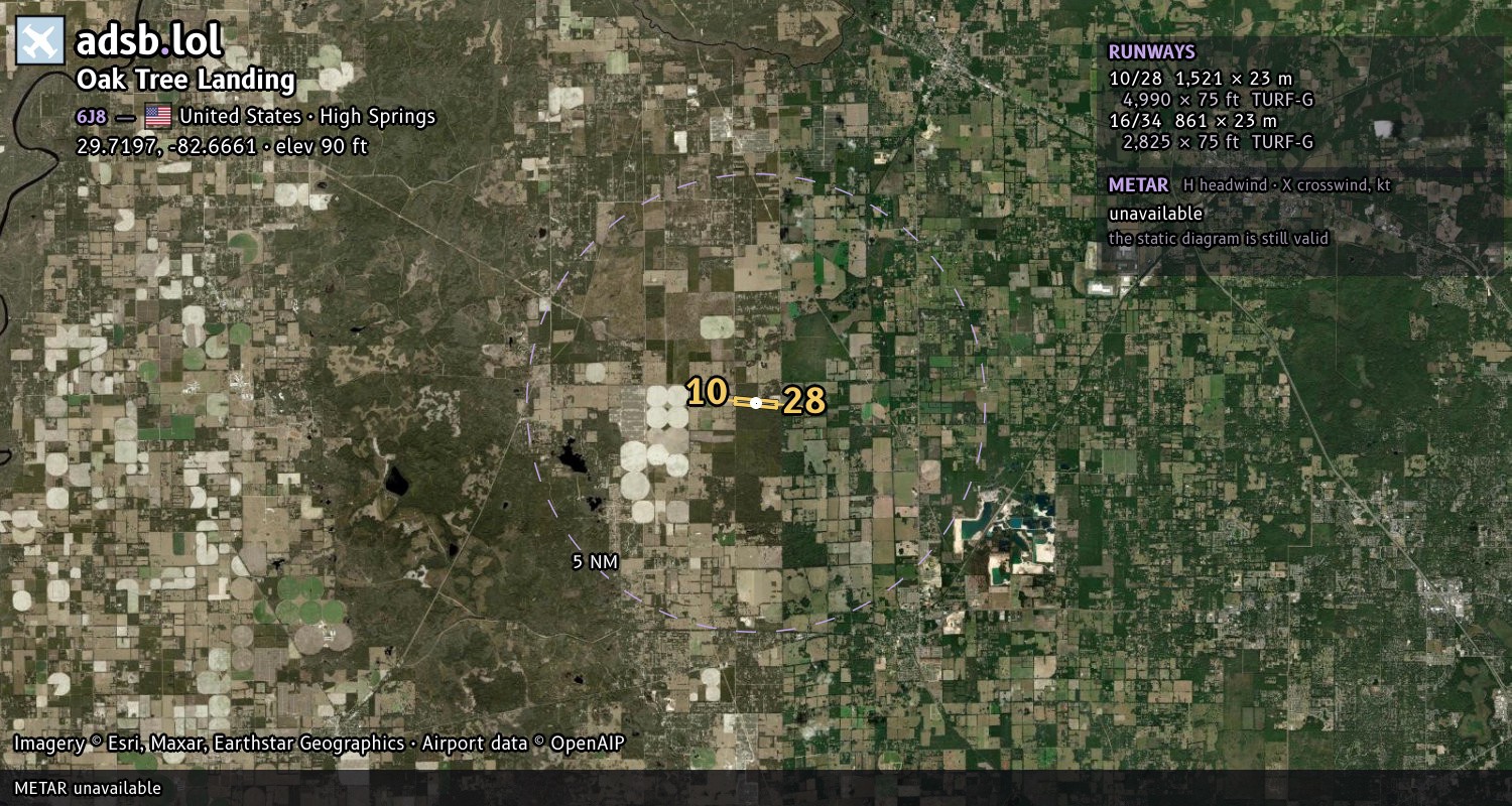 Satellite map with the runway layout of Oak Tree Landing (6J8)