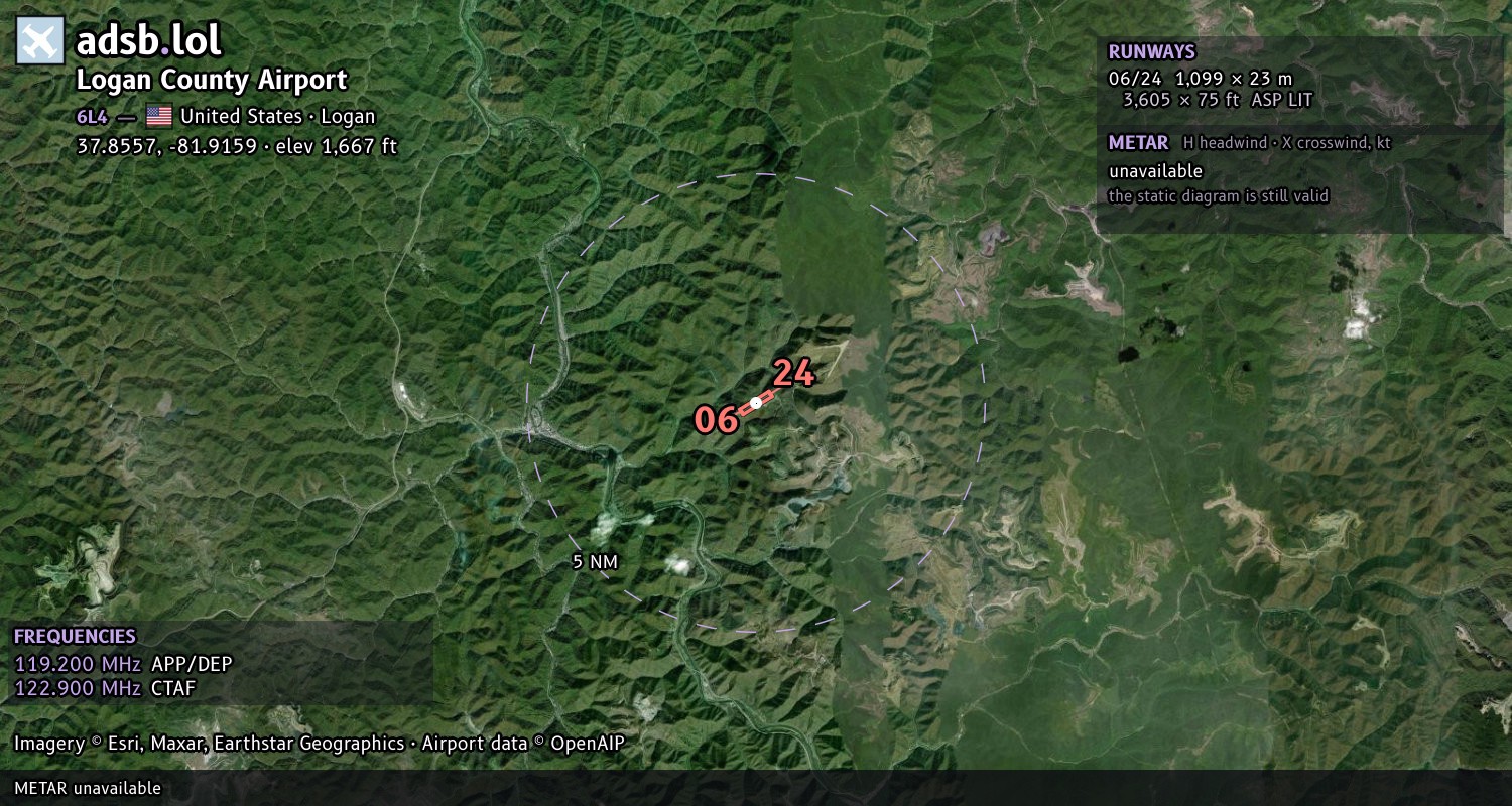 Satellite map with the runway layout of Logan County Airport (6L4)