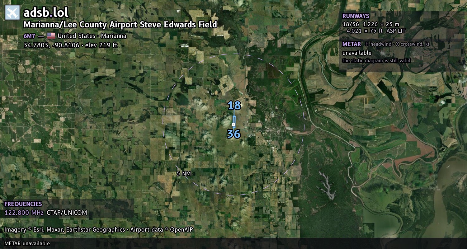 Satellite map with the runway layout of Marianna/Lee County Airport Steve Edwards Field (6M7)
