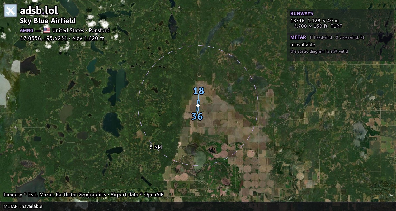 Satellite map with the runway layout of Sky Blue Airfield (6MN0)