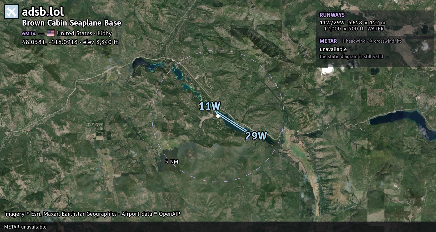 Satellite map with the runway layout of Brown Cabin Seaplane Base (6MT4)
