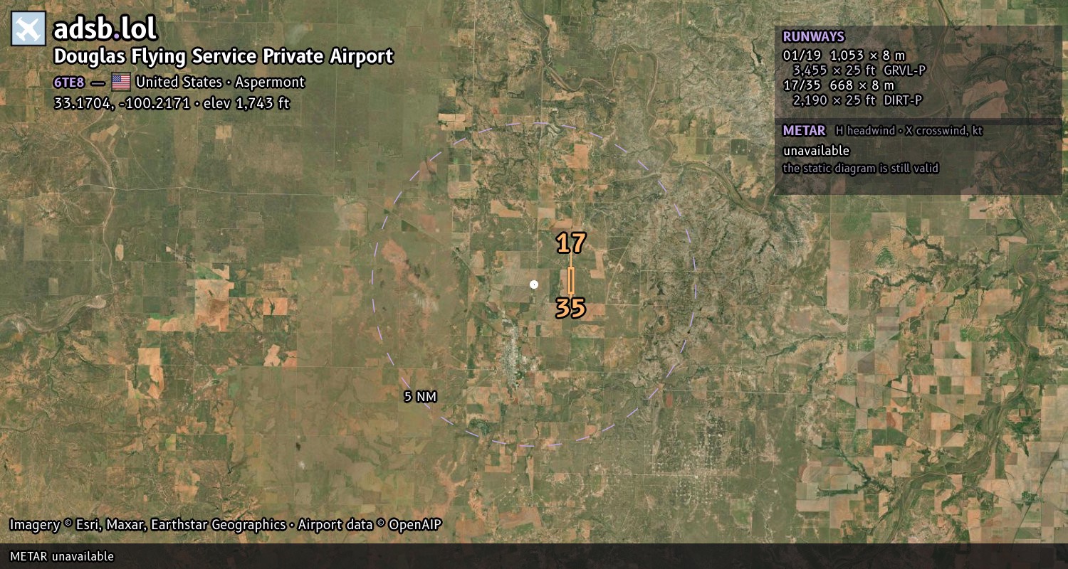 Satellite map with the runway layout of Douglas Flying Service Private Airport (6TE8)