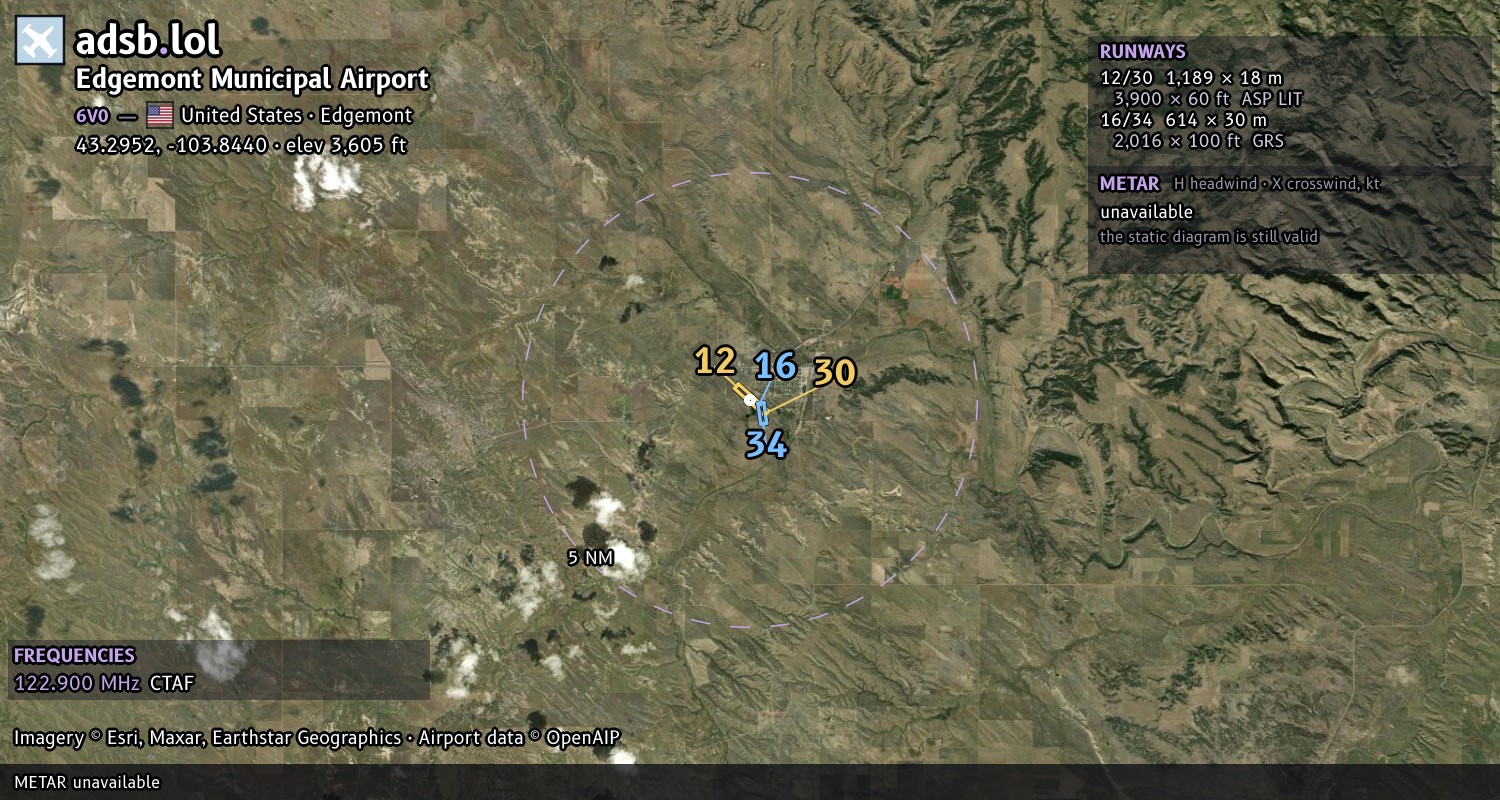 Satellite map with the runway layout of Edgemont Municipal Airport (6V0)