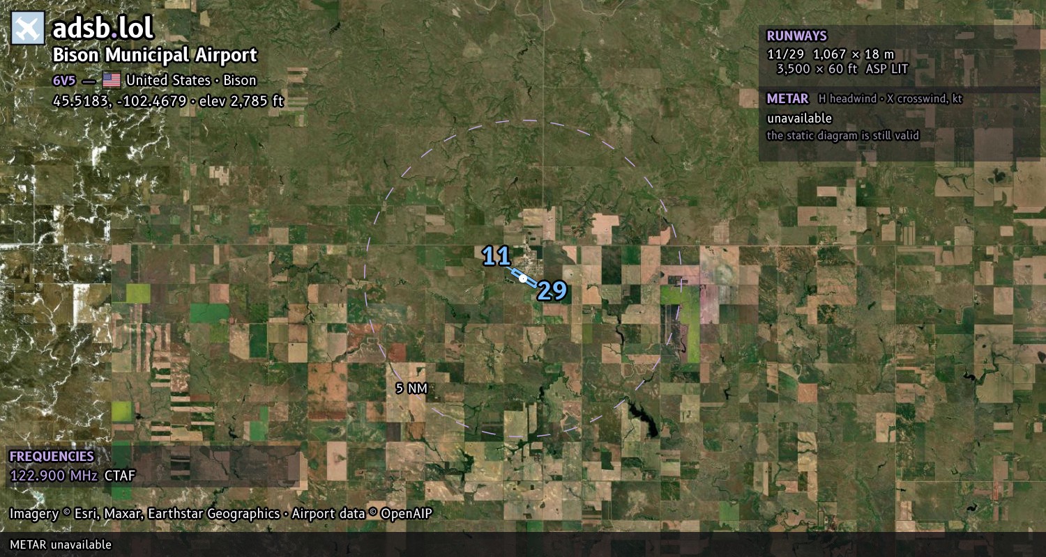 Satellite map with the runway layout of Bison Municipal Airport (6V5)