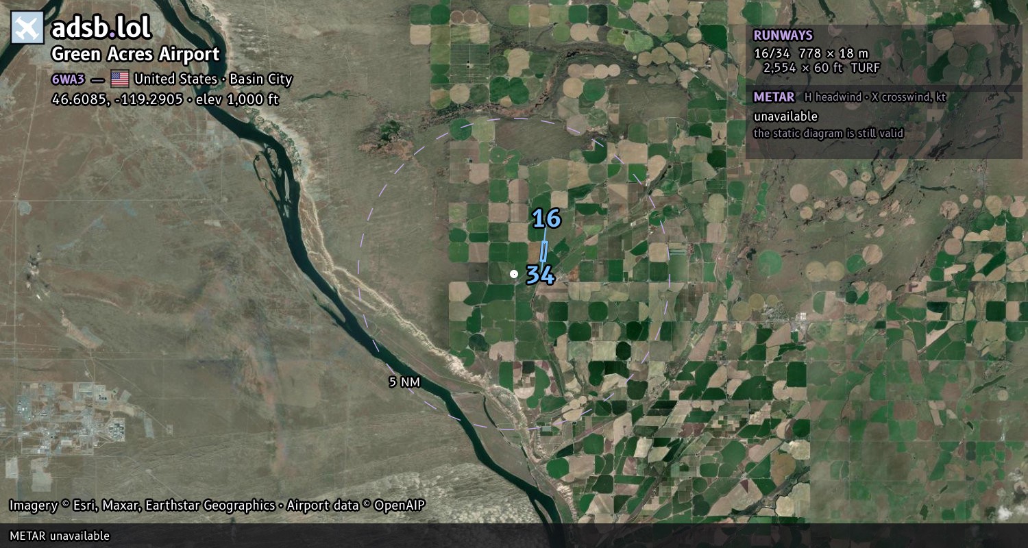 Satellite map with the runway layout of Green Acres Airport (6WA3)
