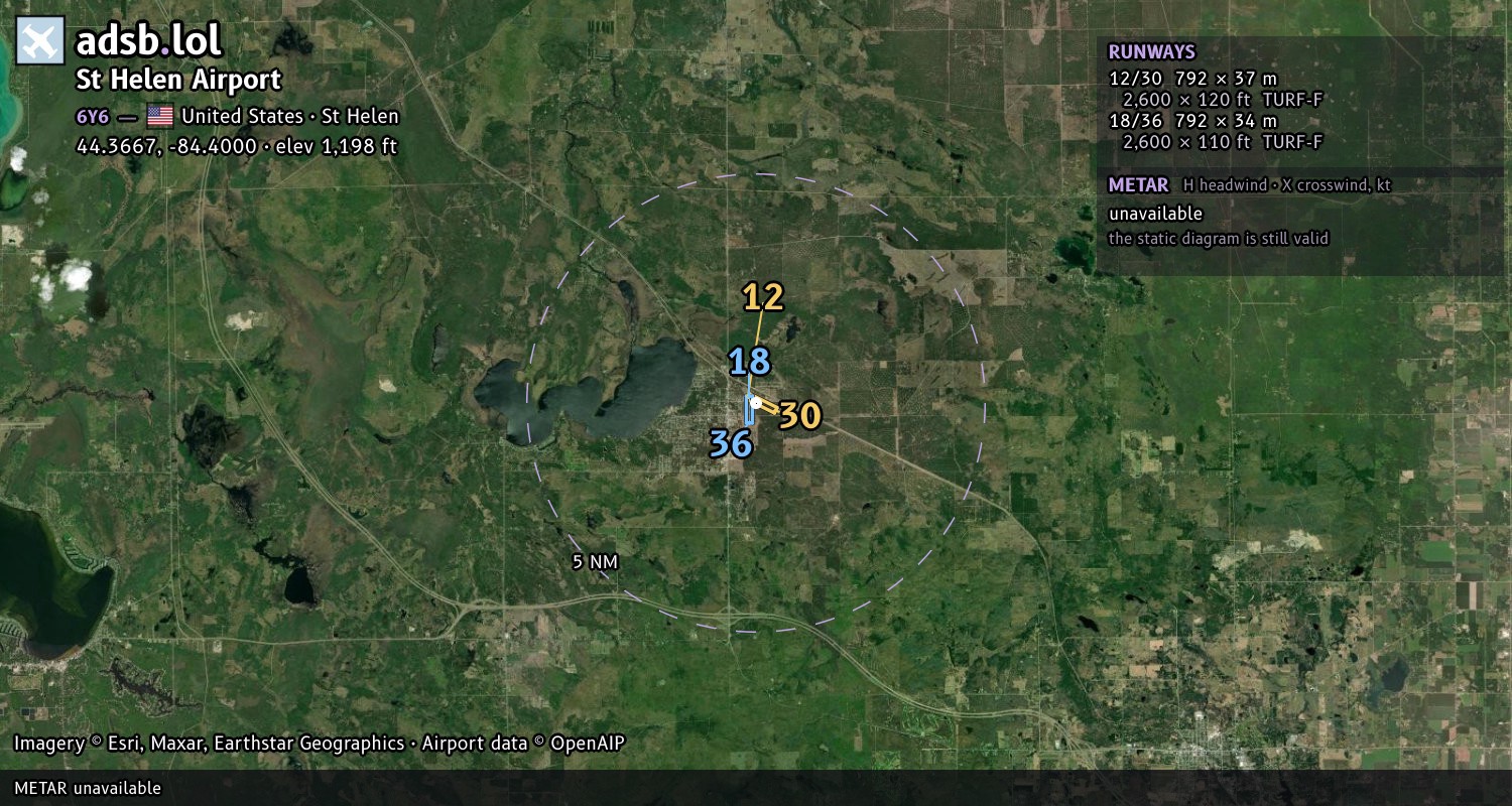 Satellite map with the runway layout of St Helen Airport (6Y6)