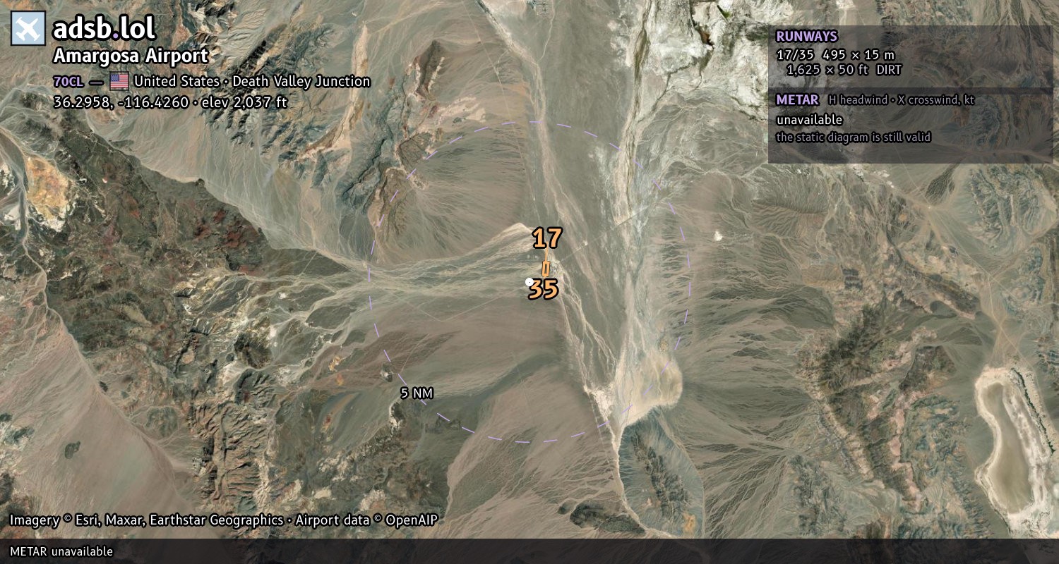 Satellite map with the runway layout of Amargosa Airport (70CL)