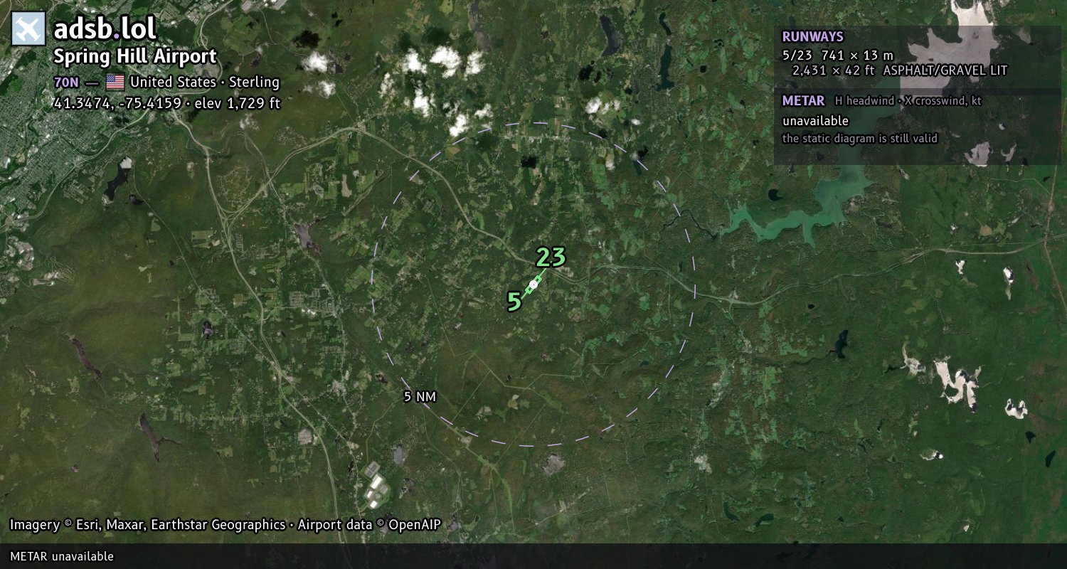 Satellite map with the runway layout of Spring Hill Airport (70N)