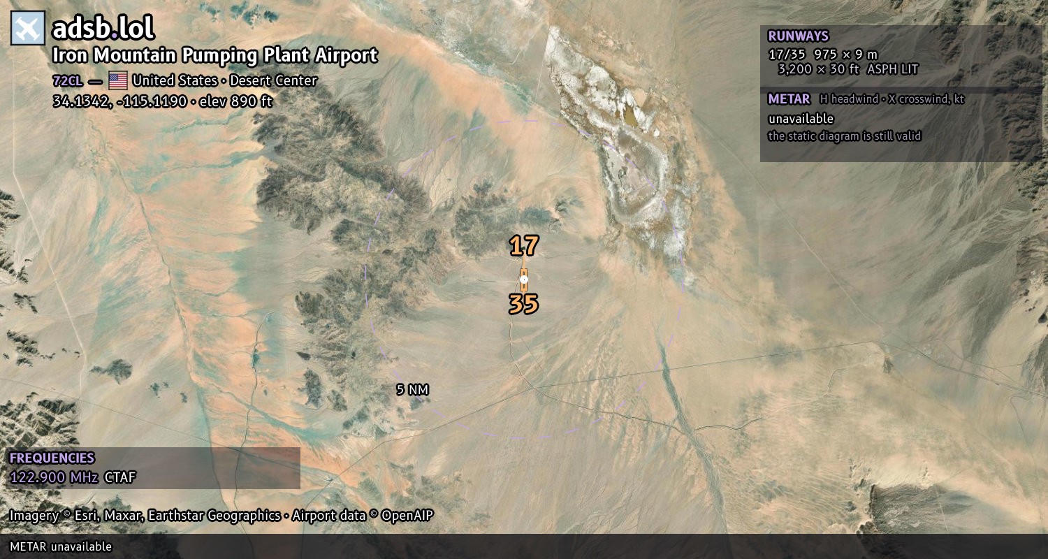Satellite map with the runway layout of Iron Mountain Pumping Plant Airport (72CL)