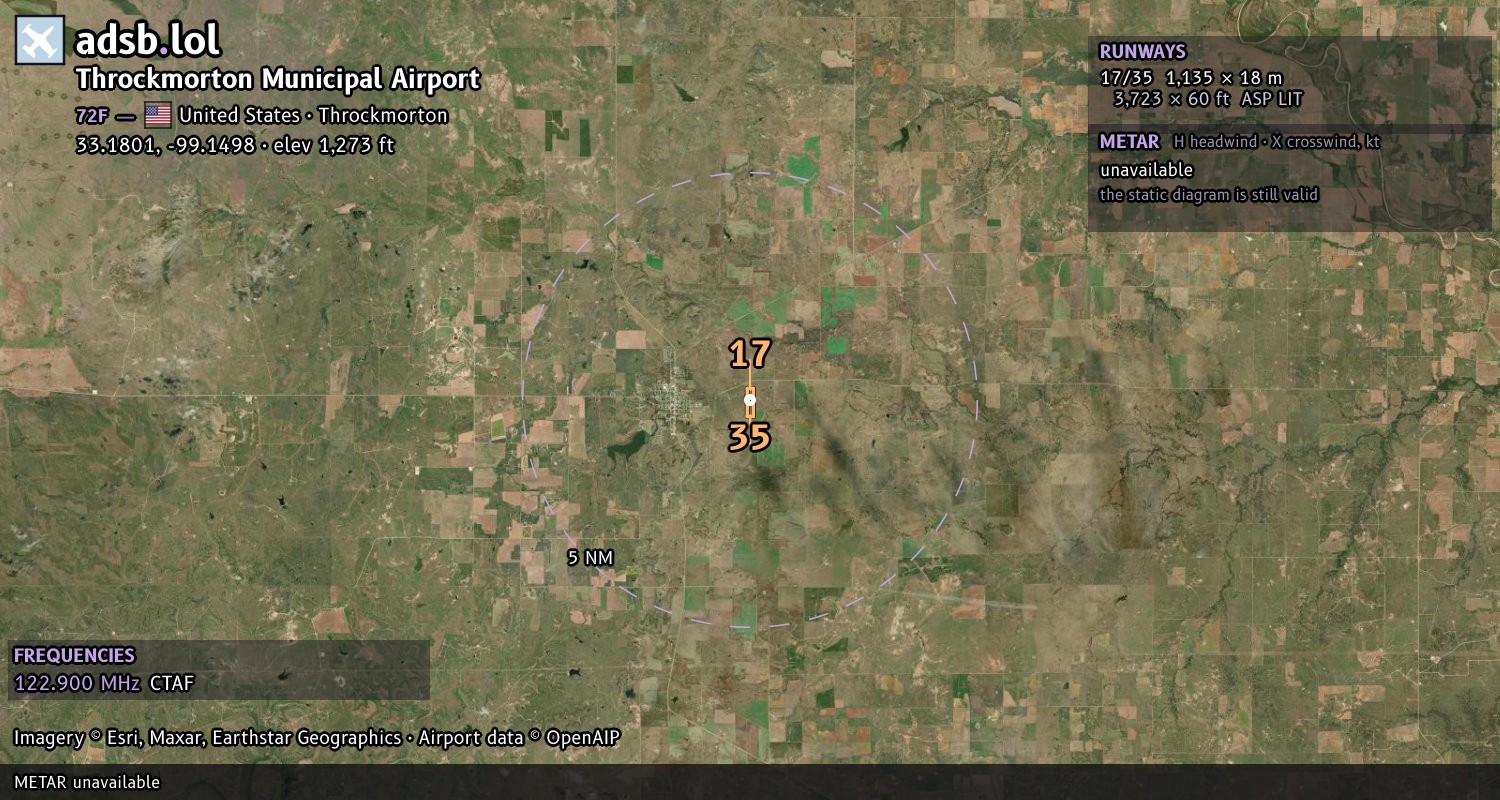 Satellite map with the runway layout of Throckmorton Municipal Airport (72F)