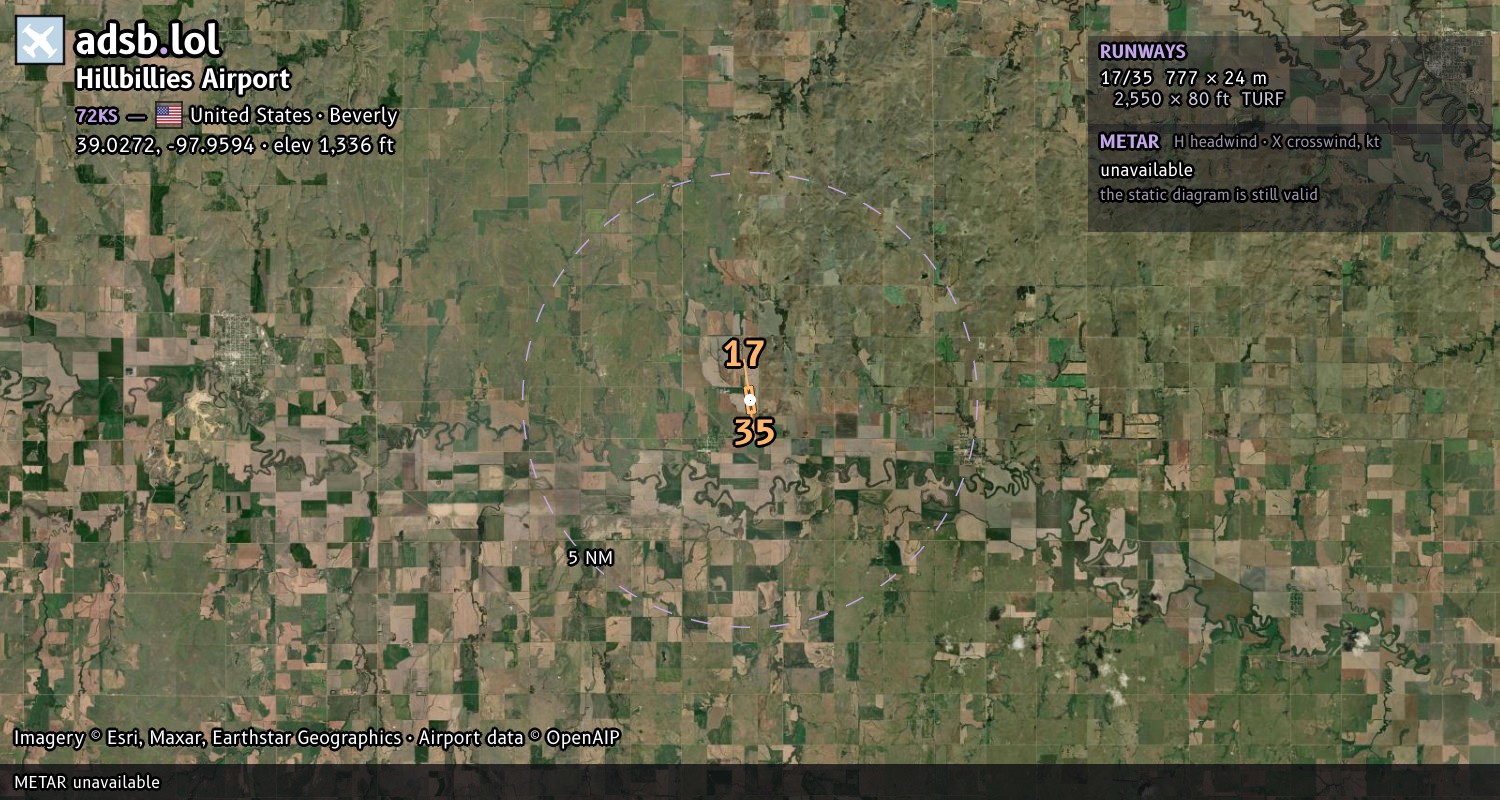 Satellite map with the runway layout of Hillbillies Airport (72KS)