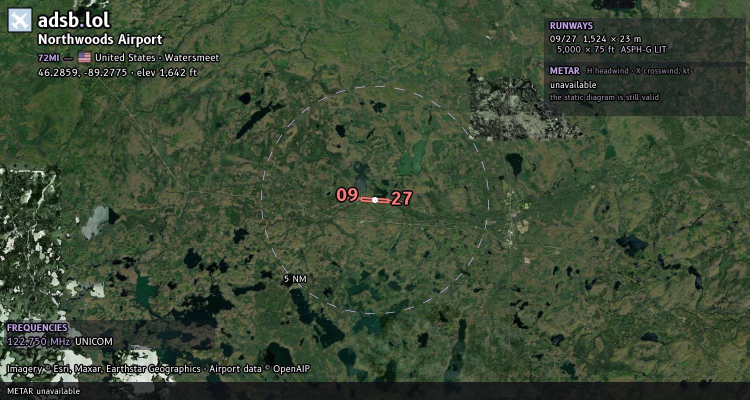 Satellite map with the runway layout of Northwoods Airport (72MI)
