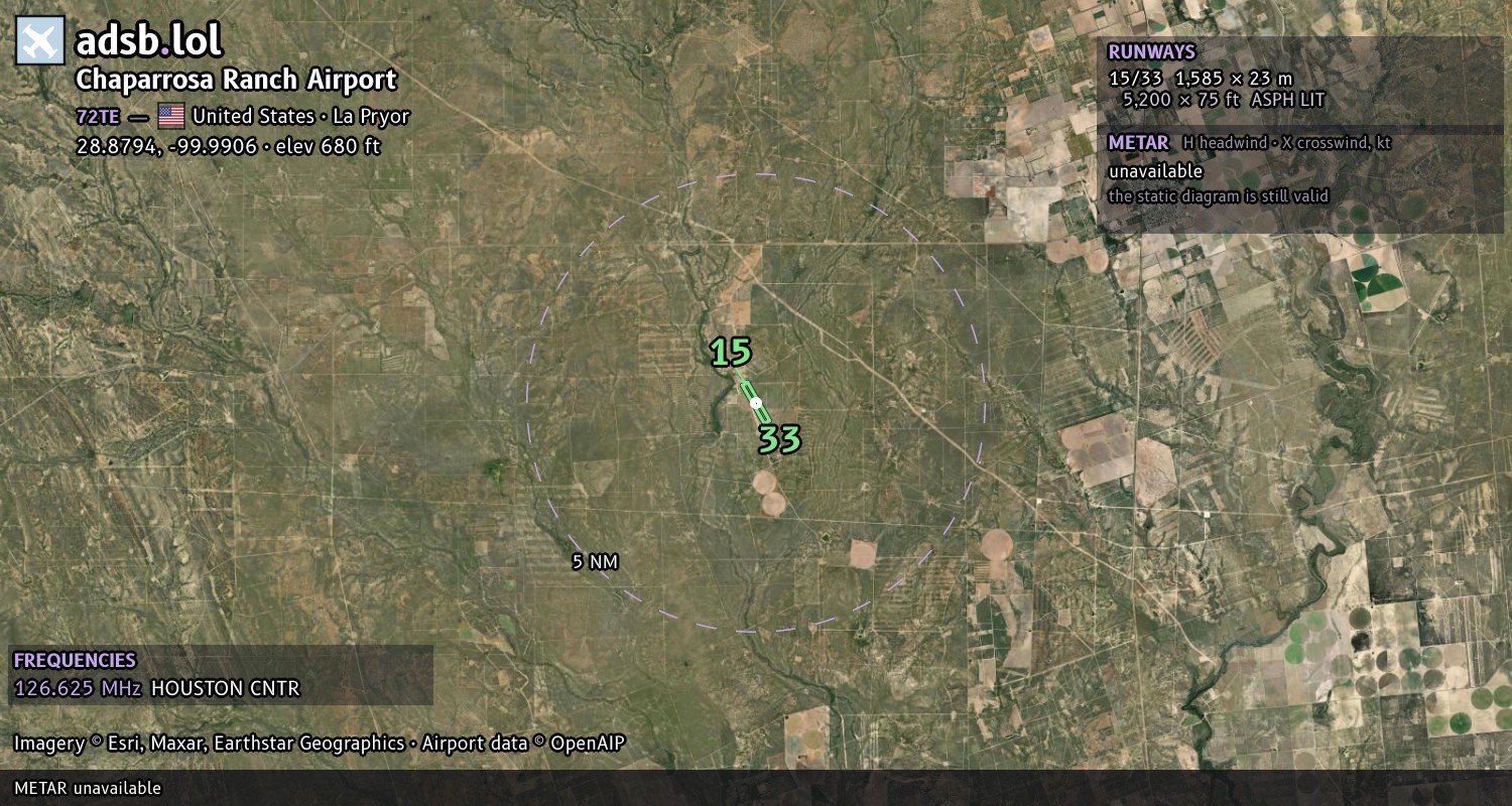 Satellite map with the runway layout of Chaparrosa Ranch Airport (72TE)